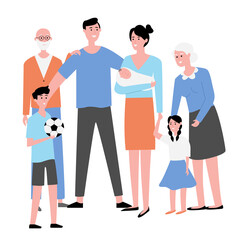 Family woman and man with kids and senior people. Flat design illustration. Vector