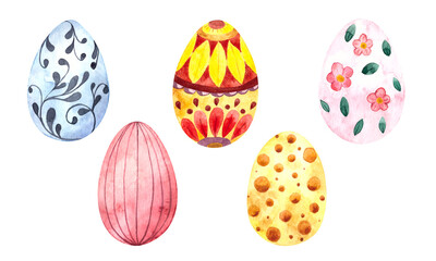 Watercolor Easter illustration with Easter colored decorated eggs on a white background. A set of elements for decorating holidays, packaging, and gifts.