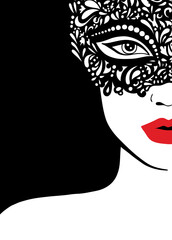 A girl in a black lace mask on her face with red lips. Vector illustration. Party invitation, poster, flyer, postcard.