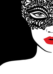 A girl in a black lace mask on her face with red lips. Vector illustration. Party invitation, poster, flyer, postcard.