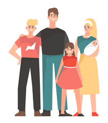 Obraz premium Nuclear family woman and man with kids. Flat design illustration. Vector