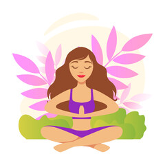 Obraz na płótnie Canvas Girl Sitting and Meditating in Yoga Lotus Position with Floral Scenery Vector Illustration