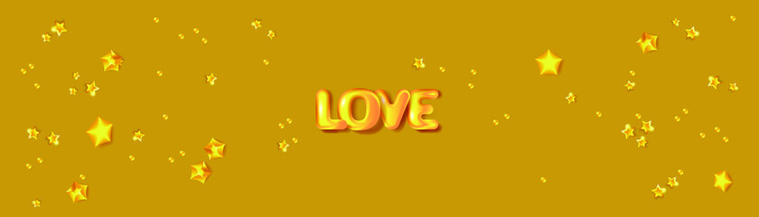 Golden hearts, 3D text Love and star confetti. Holiday banner for Valentine's day, Wedding, Mother's Day.