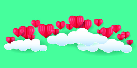 Flying hearts. Blue sky, white clouds and voluminous red hearts. Holiday background for Valentine's day, Wedding, Mother's Day.
