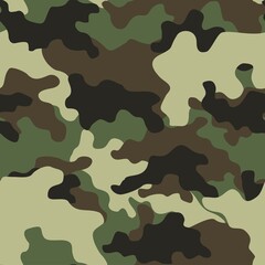 Naklejka premium Camouflage pattern background vector. Classic clothing style masking camo repeat print. Virtual background for online conferences, online transmissions. Green brown black olive colors forest texture