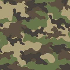 Camouflage seamless pattern. Trendy style camo, repeat print. Vector illustration. Khaki texture, military army green hunting