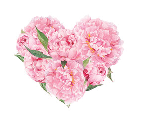 Floral heart with pink peoni flowers. Watercolor for Valentine day or wedding