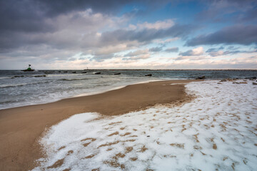 Winter landscape of a snow covered beach at Baltic Sea in Gdansk. Poland