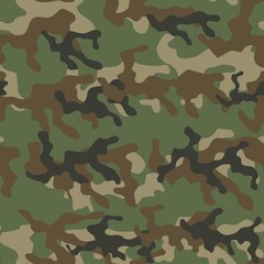Fototapeta premium Camouflage seamless pattern. Trendy style camo, repeat print. Vector illustration. Khaki texture, military army green hunting print