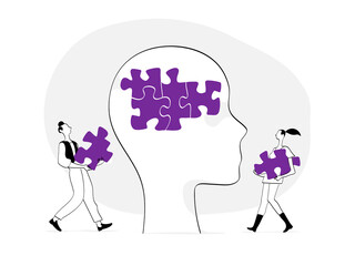 Coppia di persone giovani che completano il puzzle nella testa umana