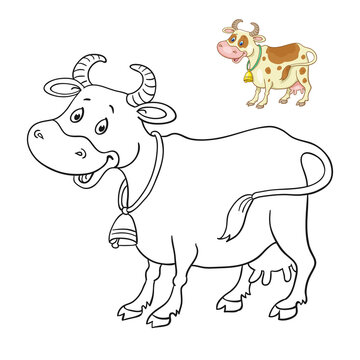 Picture of a funny black and white cow with a colorful example. For coloring book. In cartoon style. Isolated on white background. Vector illustration.