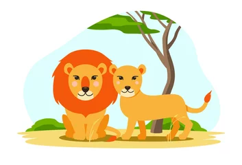 Papier Peint photo Singe Vector lion and lioness in flat cartoon style with landscape. Sitting and walking animals in the wild against the background of a tree and sky. Cute children's illustration on white background. EPS10