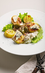 Quick and healthy food recipes. Salad with grilled zucchini, vegetables, herbs, turkey sous vide meat, blue cheese and capers on white plate. Mediterranean dish recipes. Vertical shot