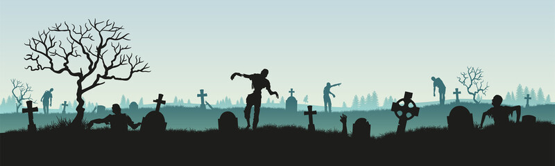 Fototapeta na wymiar Panoramic silhouette of a zombie in a cemetery. Vector illustration for halloween.