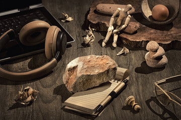 Writer Block. Concept still life, arrangement on dark wooden table. Heavy stone, brick on open blank block note. Crumpled paper pages. Laptop, earphones, glasses, stone pyramid. Sad wooden figure.