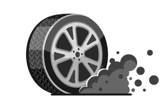 Rally Sport Car Wheel Tire With Smoke Vector Icon. Simple Flat Cartoon. Automobile Wheel High-speed Motion. Vector Illustration.