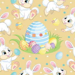 Seamless vector pattern white bunnies and big easter egg