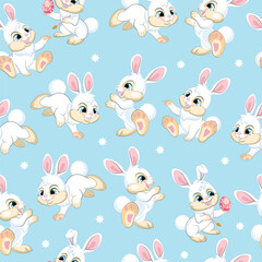 Seamless vector pattern white bunnies on blue background