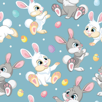 Seamless pattern easter rabbits on blue background