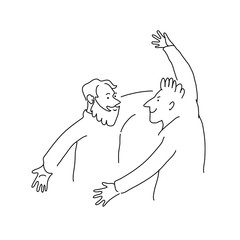Happy Hug Day.Meeting of friends. Two men hugging. Simple vector hand drawn sketh in black outline. Doodle illustration isolated on white background.