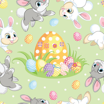Seamless vector pattern easter bunnies and big egg