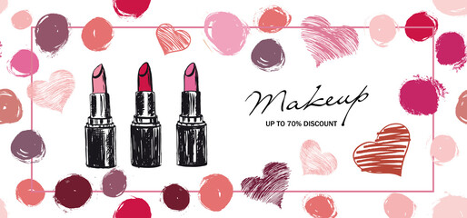 Makeup set. Lipstick hand drawn style. Vector.