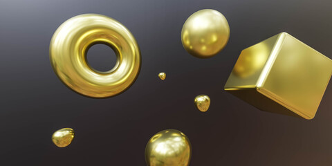 abstract gold geometric shapes on black dark background 3d render illustration
