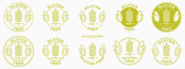 A set of conceptual stamps for packaging products. Labeling - gluten free. A stamp with wings is a symbol of liberation, freedom. Cereal spikelet flat icon and flowing ingredient line. Vector