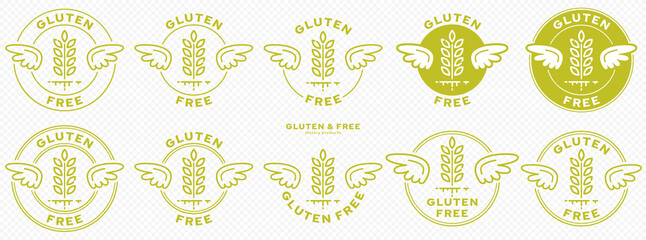 A set of conceptual stamps for packaging products. Labeling - gluten free. A stamp with wings is a symbol of liberation, freedom. Cereal spikelet flat icon and flowing ingredient line. Vector © PaHa