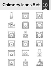 Black Line Art Chimney And Fireplace Icon Set On White Background.