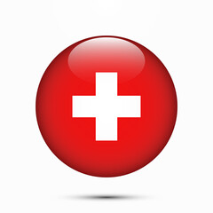 Switzerland flag vector circle shape button. Clear circle isolated Switzerland flag background button. Transparent glossy glass button. Vector Illustration