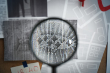 Looking through magnifying glass at photo of footprint on detective board, closeup
