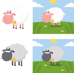 Sheep Cartoon Characters With A Flower. Flat Design Vector Collection Isolated On White Background
