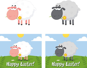 Sheep Cartoon Characters With A Flower. Flat Design Vector Collection Isolated On White Background