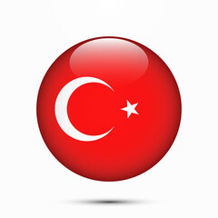 Turkey flag vector circle shape button. Clear circle isolated  Turkey flag background button. Transparent glossy glass button. Vector Illustration