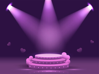 3D Round Podium Stage In Spotlights Rays On Purple Background.