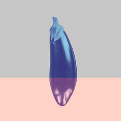 One eggplant on a gray background. Pastel colors. Trendy and minimalist. Duotone. Instagram format.