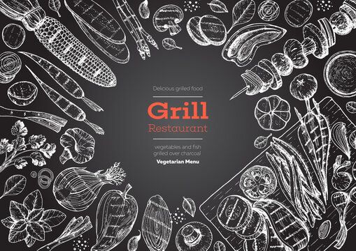 Grill menu design template. Grilled vegetables top view frame, vegetarian cuisine. Vector illustration. Engraved design. Hand drawn illustration. Food on the grill