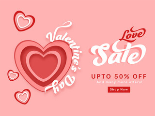 Valentine's Day Sale Poster Design With 50% Discount Offer And Paper Cut Hearts On Pale Red Background.