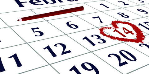 Valentine's Day design. Realistic calendar with a focus on February 14. Festive banner, web poster, flyer, stylish brochure, postcard, cover.