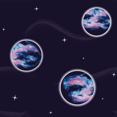 Fototapeta premium Vector Galaxy Planets in Space with Stars background seamless pattern background. Perfect for fabric, wallpaper and scrapbooking projects.