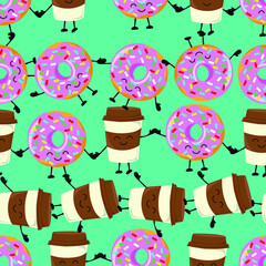 Sweet seamless pattern with kawaii donuts and coffee. Vector illustrations.
