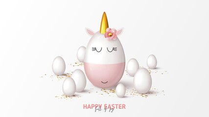 Happy Easter holiday banner. Cute unicorn from egg with gold horn, white eggs and golden confetti. Vector illustration with 3d decorative objects for Easter design. Greeting card.