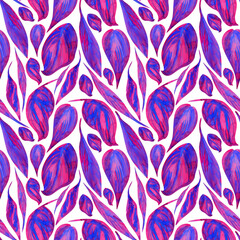 Fototapeta na wymiar Watercolor abstract purple pink leaves print. All over floral seamless pattern.