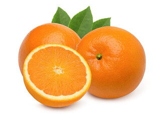 Orange fruit,half and leaves isolated on white background,For making healthy juices.