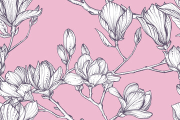 Vector floral seamless pattern of magnolia branches. Romantic elegant endless background