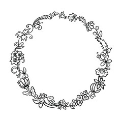 Floral wreath on white background. Hand drawn vector botanical frame.