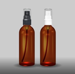Mockup of realistic glossy brown clear glass with black and white cap, PET, for cosmetic soap, shampoo, cream, spray, skin care oil, background illustration and spray bottle.