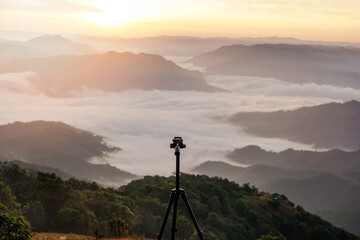 Focus on Tripod, viewlandscape nature view background. wonderful landscape nature view