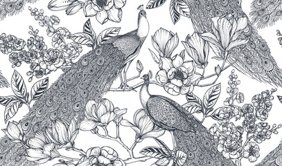 Black and white vector seamless pattern of magnolia flowers, branches and peacocks © natality